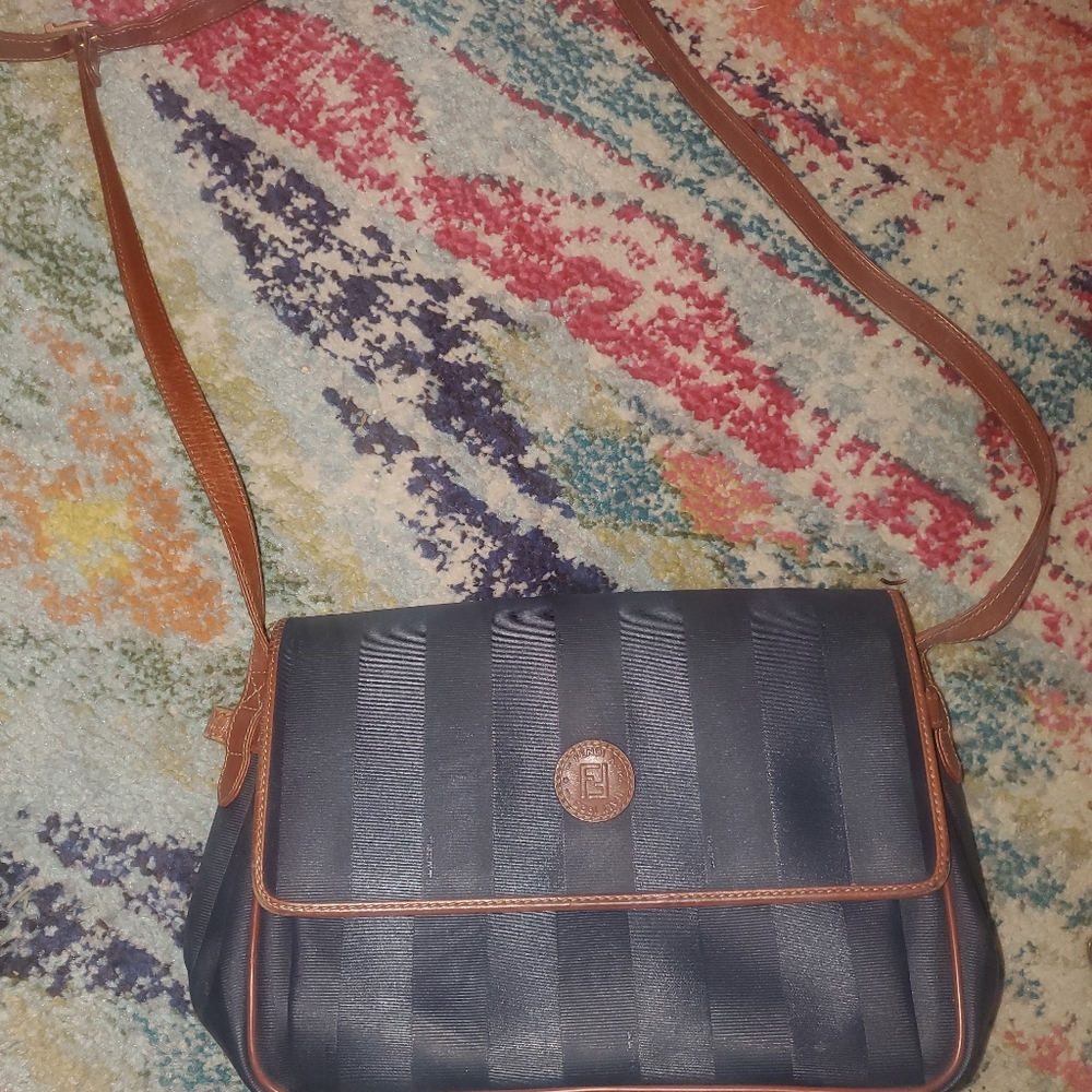 Vintage Fendi Navy Striped Coated Canvas Purse